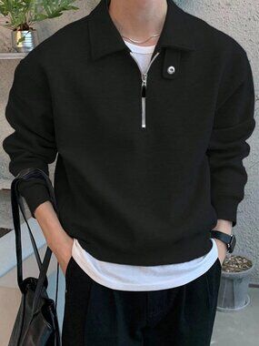 Black Casual Men's Rib-Knit Oversized Short Quarter Zip Sweatshirts